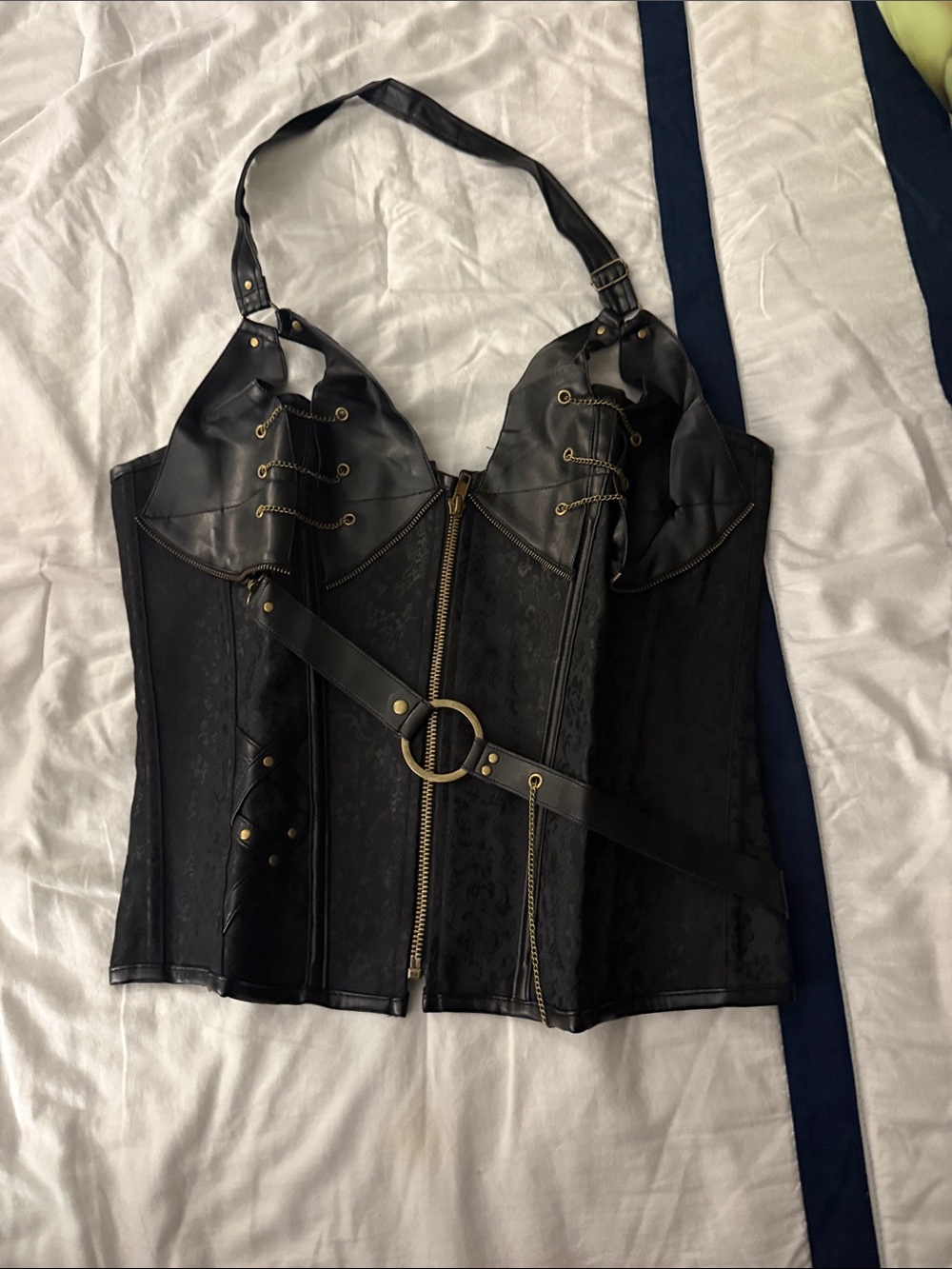 Black Lace & Faux Leather Bustier Corset with Gold Hardware